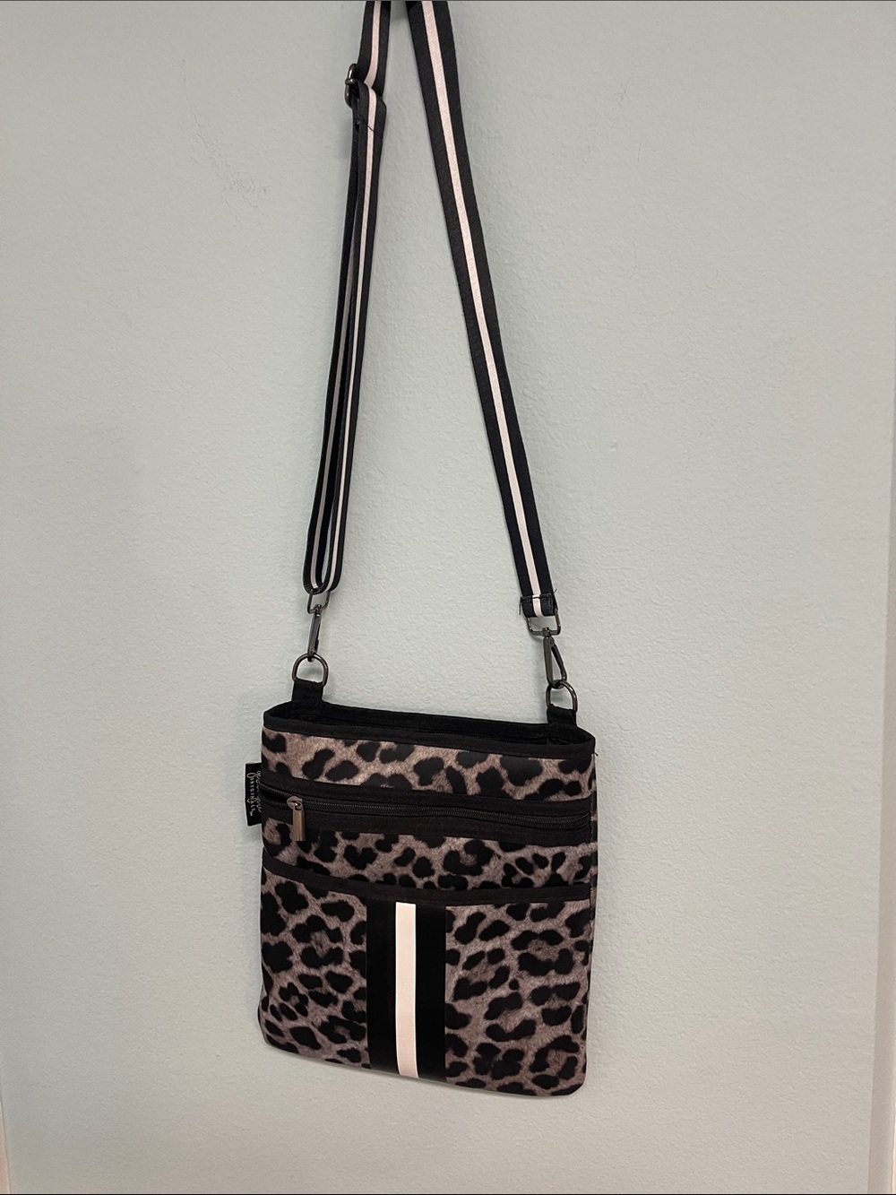 Leopard Print Crossbody Bag with Black & white Stripe by Girlie Girl